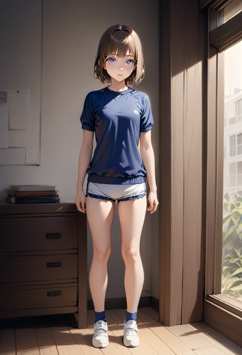 masterpiece, high quality, Small breasts, One Girl, Are standing, stop temporarily, stop temporarily,  Gym suit, shorts, Bloomers,  whole body, shirt,blue eyes, Realistic