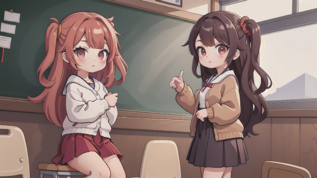 score_9, score_8_up, score_7_up, source_anime,
izuminogami, izumi nogami, red hair, one side up, medium hair, scrunchie, red eyes,
skirt, , pleated skirt, shoes, socks, cardigan, brown cardigan,
indoors, classroom, bent over,
looking at viewer, dutch angle, cowboy shot,
