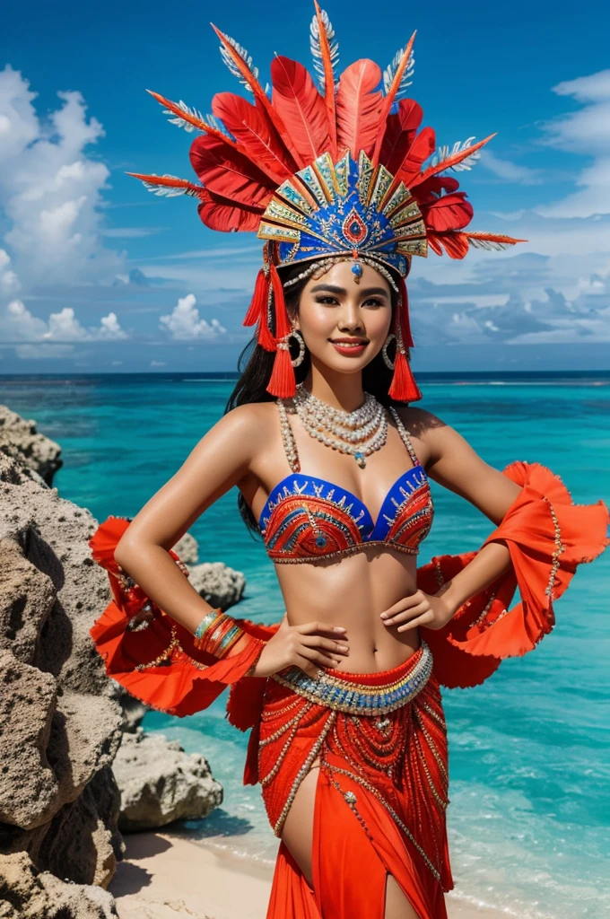West Philippine Sea inspired national costume with Philippine Coast Guard Ship Headdress and adorned with pearls, colorful corals and text statement "West Philippine Sea is Ours!" for Miss Universe 2024 Chelsea Manalo