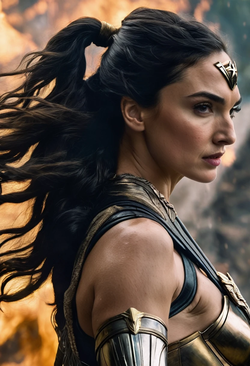 (((Extreme close-up of a beautiful mature woman Gal Gadot long black hair (((Diameter))),(((Hair gathered in a ponytail and abundant )))under the mantle of the Amazon warrior Wonder Woman images Surreal cinematographic HD images Color Splash))),(((Diameter))),(((Diameter Wonder Woman)),(((Front Images)))