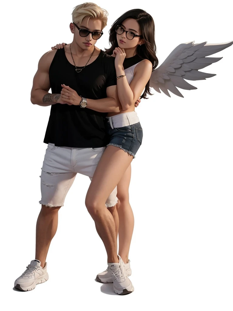 A strong man in a black shirt, white shorts and short blonde hair wearing glasses and a beautiful woman on the side wearing cropped tops, um short jeans, a white angel&#39;s wing and dark brown hair.