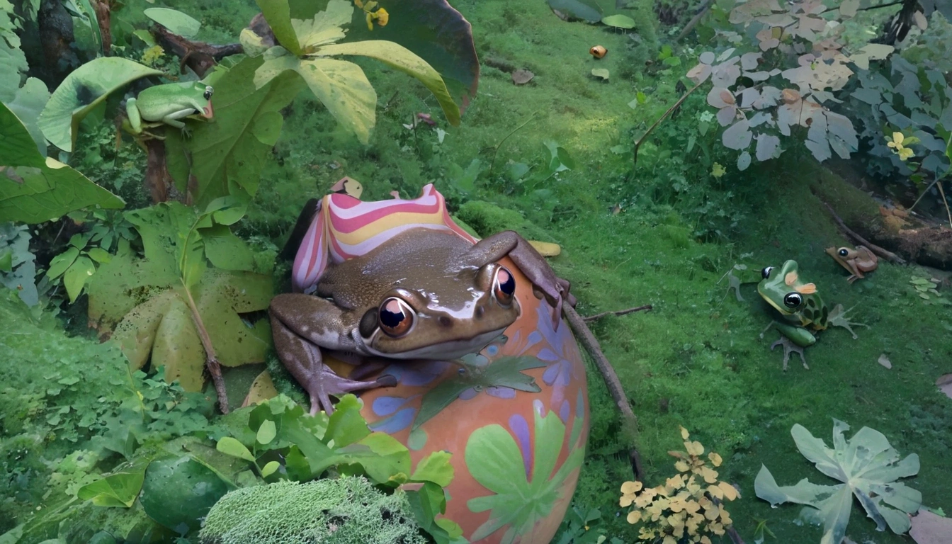 there is a frog that is sitting on a branch with an umbrella, still from nature documentary, beautiful frog, psychedelic frog, clown frog king, still from a nature documentary, jumping flying and eating frogs, frog playing on guitar, the wednesday frog, frog, cute frog, froggy, frogs, a photo of a frog with a hat, frog perspective, frog themed