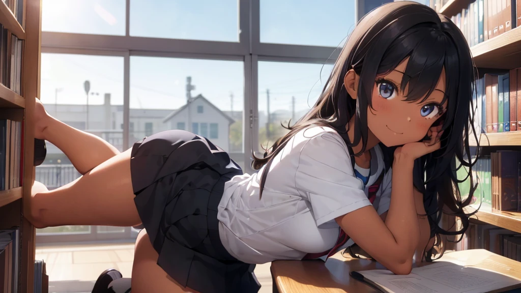 best god quality, Ultra-detailed, perfect Anatomy, (Draw a tomboy excitedly at a inside a college library), 1girl, is a excited beautiful tan girl, tomboy aesthetic, dark skin girl, tanline skin, (dark skin*2), (long black + wavy hair*1.2), (school girl outfit*1.2), Full limbs, complete fingers, groin, Beautiful hazel eyes, well-proportioned tan tomboy, smug eyes, student clothing, in a library, High resolution, Best lighting by professional AI, college library, studying students, looking at viewer, (((One girl in middle))), (((SOLO))), (library in background)