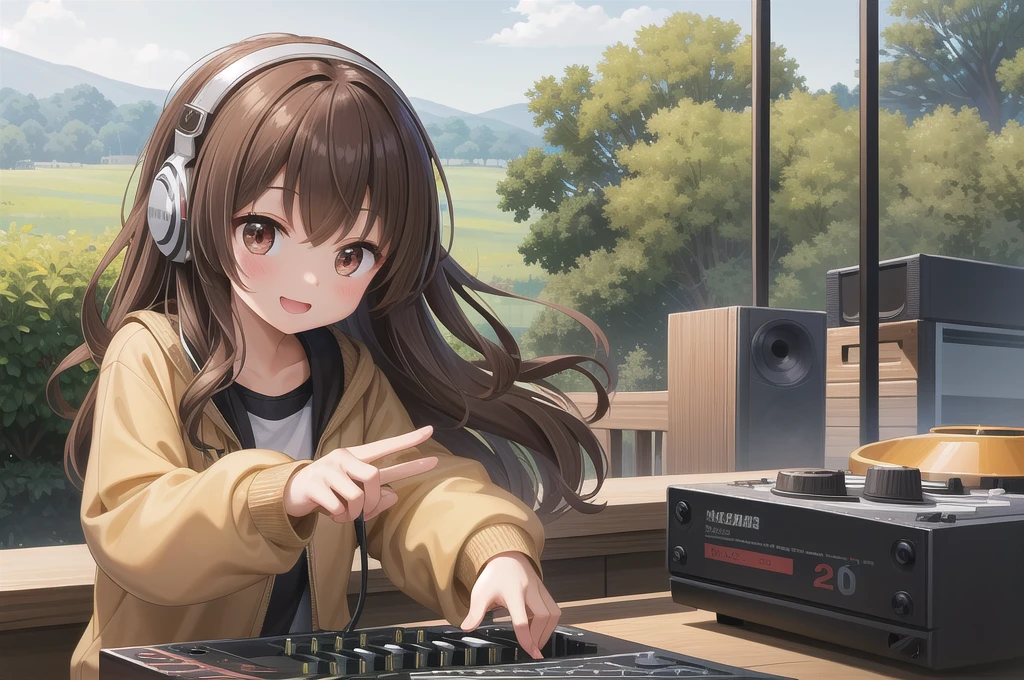 One girl, alone, 20-year-old, Brown eyes, Brown Hair, Long, beautiful wavy hair, smile, Nice casual clothes, grassland, headphone, Detailed DJ equipment, djing, masterpiece, Fine Fingers, 最high quality:1.4, high quality, detailed,
