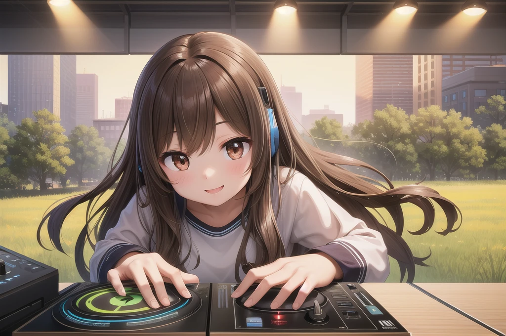 One girl, alone, 20-year-old, Brown eyes, Brown Hair, Long, beautiful wavy hair, smile, Nice casual clothes, grassland, headphone, Detailed DJ equipment, djing, masterpiece, Fine Fingers, 最high quality:1.4, high quality, detailed,