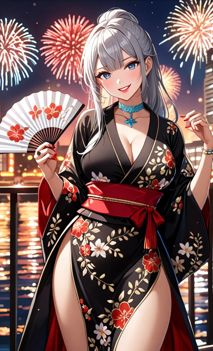 ((One personの女性)), hyper detailed, absurdres, 8K, Pretty face, Beautiful Face, (Laugh shyly), (Captivating smile:1.4), ((Wink:1.5)), ((Tilt your head:1.1)), Laugh with your mouth wide open, Upper teeth, View your viewers, ((Doing sexy poses:1.3)),((Holding a fan in one hand:1.3)), ((full-face brash:1.4)), Glossy Red Lips, ((Big Breasts:1.3)), Night Port, Sea view terrace, firework, Glossy Red Lips, (Shining Face), ((Anime style background)),masterpiece, Highest quality, so beautiful,Latest, Complex details, (long nails of red color), (nail art), (ring),(bracelet),(Floral Choker), AI-generated, Complex,High resolution, Highest quality, super high quality,3D Images、3D Images,One person,Long white hair,High Ponytail, Anime woman posing for a photo, ((Silver Eyes:1.7)), ((Fine grain、Light blue eyes、Shining Eyes:1.4)), (Squint your eyes:1.1),a hyperRealistic , hyperRealistic , Realistic,Long white hairのアニメ女性, Smooth anime CG art, (A woman in a colorful kimono with gold embroidery), ((Black kimono:1.5)), Red floral pattern,Long flower hair ornament,Floral Earrings,((black high heel sandals)),Mature Body,Tall,Abdominal muscles,Tight waist, ((full body:1.3)), (dutch angle:1.3),