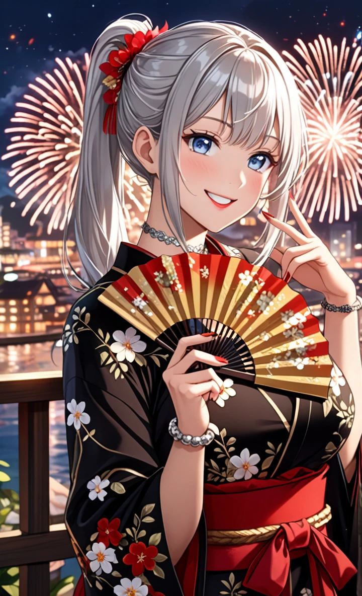 ((One personの女性)), hyper detailed, absurdres, 8K, Pretty face, Beautiful Face, (Laugh shyly), (Captivating smile:1.4), ((Wink:1.5)), ((Tilt your head:1.1)), Laugh with your mouth wide open, Upper teeth, View your viewers, ((Doing sexy poses:1.3)),((Holding a fan in one hand:1.3)), ((full-face brash:1.4)), Glossy Red Lips, ((Big Breasts:1.3)), Night Port, Sea view terrace, firework, Glossy Red Lips, (Shining Face), ((Anime style background)),masterpiece, Highest quality, so beautiful,Latest, Complex details, (long nails of red color), (nail art), (ring),(bracelet),(Floral Choker), AI-generated, Complex,High resolution, Highest quality, super high quality,3D Images、3D Images,One person,Long white hair,High Ponytail, Anime woman posing for a photo, ((Silver Eyes:1.7)), ((Fine grain、Light blue eyes、Shining Eyes:1.4)), (Squint your eyes:1.1),a hyperRealistic , hyperRealistic , Realistic,Long white hairのアニメ女性, Smooth anime CG art, (A woman in a colorful kimono with gold embroidery), ((Black kimono:1.5)), Red floral pattern,Long flower hair ornament,Floral Earrings,((black high heel sandals)),Mature Body,Tall,Abdominal muscles,Tight waist, ((full body:1.3)), (dutch angle:1.3),
