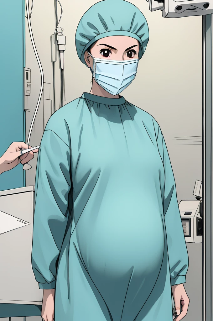 masterpiece, highest quality, (RAW photo, best quality), 1girl, pale skin, shy eyes, big breasts, pregnant, natural lighting, solo, upper body, hospital, in the operating room, surgical bet,
ray kasugano, pregnant with big belly, labcoat, (give a score of 9_give a score of 8_give a score of 7) long sleeve surgical gown, tight fitting, surgical cap, cover ears, surgical mask, surgical gloves, 