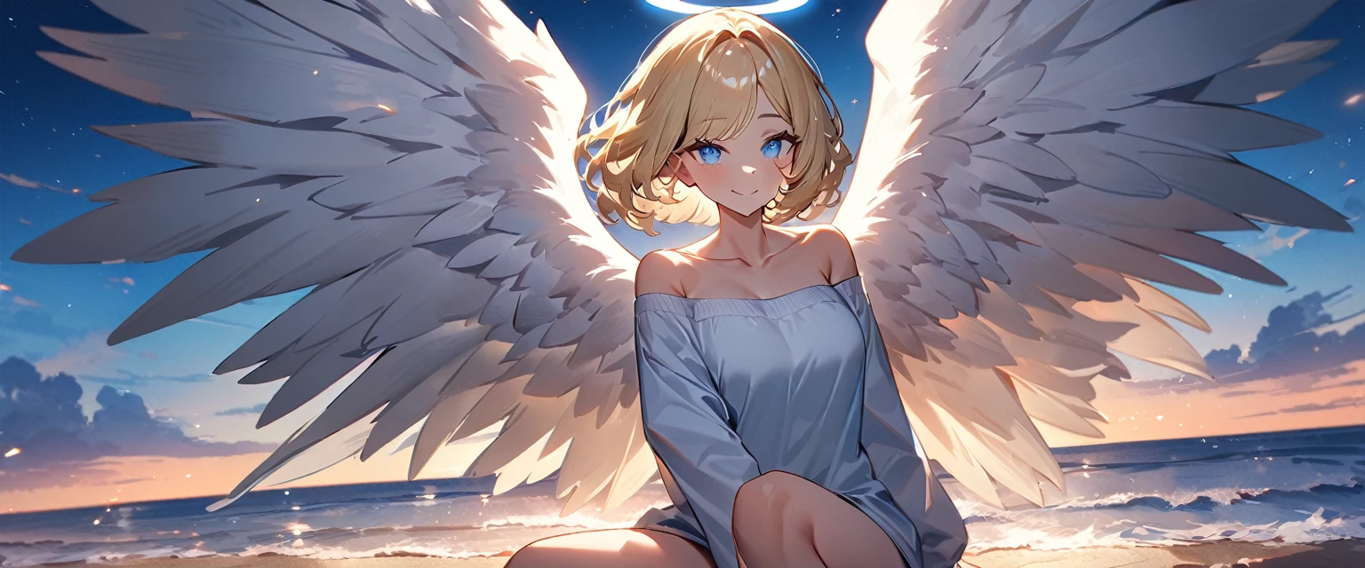 (((One girl))), flying in the sky,  legs, ((angel, big big white wings:1.2, halo:1.3)), Uriel, ((wavy hair, outward curled hair)), evening, Sunset, sea, beach, ((blond hair, bob cut:1.3)), big breasts, teenager, (looking at viewer), oversized clothes, puffy long sleeves, collarbone, ((off-shoulder sweater dress:1.3, Quite thick shoulder straps)), (((sleeves past wrists:1.3))), ((white sweater)), collarbone, head tilt:1.3, (((blue eye))), ((happy smile)), (((anime style))), (best quality, 4K, 8K, highres, masterpiece:1.2, ultra-detailed, ultra-detailed eyes, HDR, uhd, studio lighting, ultra-fine painting, sharp focus, physically-based rendering, extreme detail description, professional, vivid colors, bokeh), ((Highest quality, Best image quality, Ultra-high resolution, Ultra-high resolution, solo, Strong eye highlights)), Depth of written boundary, Natural soft light, attractive, Beautiful Face, Cleanliness, Pure Face, medium chest, Beautiful Face, Perfect Fingers, Perfect hands, Perfect body, Perfect Face, Shine a light into your eyes, Perfect 

