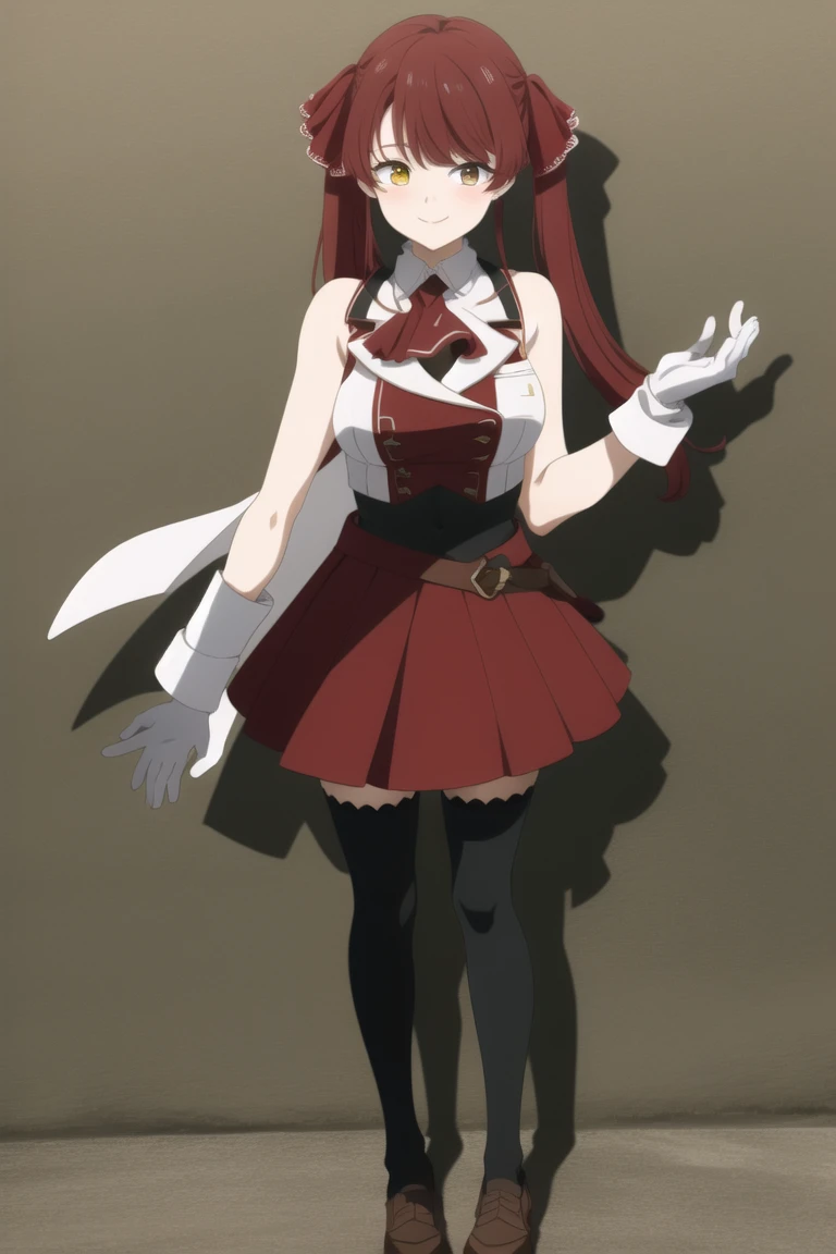 masterpiece, Highest quality, Absurd, Perfect Anatomy, HOUSHOUBES, One girl, alone, Heterochromia iridis, Red eyes, Yellow Eyes, Twin tails, Long Hair, Hair Ribbon, Large Breasts, White gloves, Frilled Chalk, Red Ascot, leotard, leotard under clothes, Red jacket, Cropped jacket, Sleeveless jacket, Black coat, Off the shoulder, Diagonal, Red Skirt, mini skirt, Leather Belt, Black knee socks, Are standing, smile