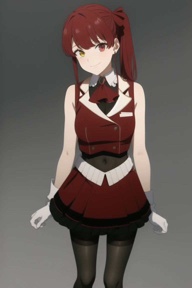 masterpiece, Highest quality, Absurd, Perfect Anatomy, HOUSHOUBES, One girl, alone, Heterochromia iridis, Red eyes, Yellow Eyes, Twin tails, Long Hair, Hair Ribbon, Large Breasts, White gloves, Frilled Chalk, Red Ascot, leotard, leotard under clothes, Red jacket, Cropped jacket, Sleeveless jacket, Black coat, Off the shoulder, Diagonal, Red Skirt, mini skirt, Leather Belt, Black knee socks, Are standing, smile