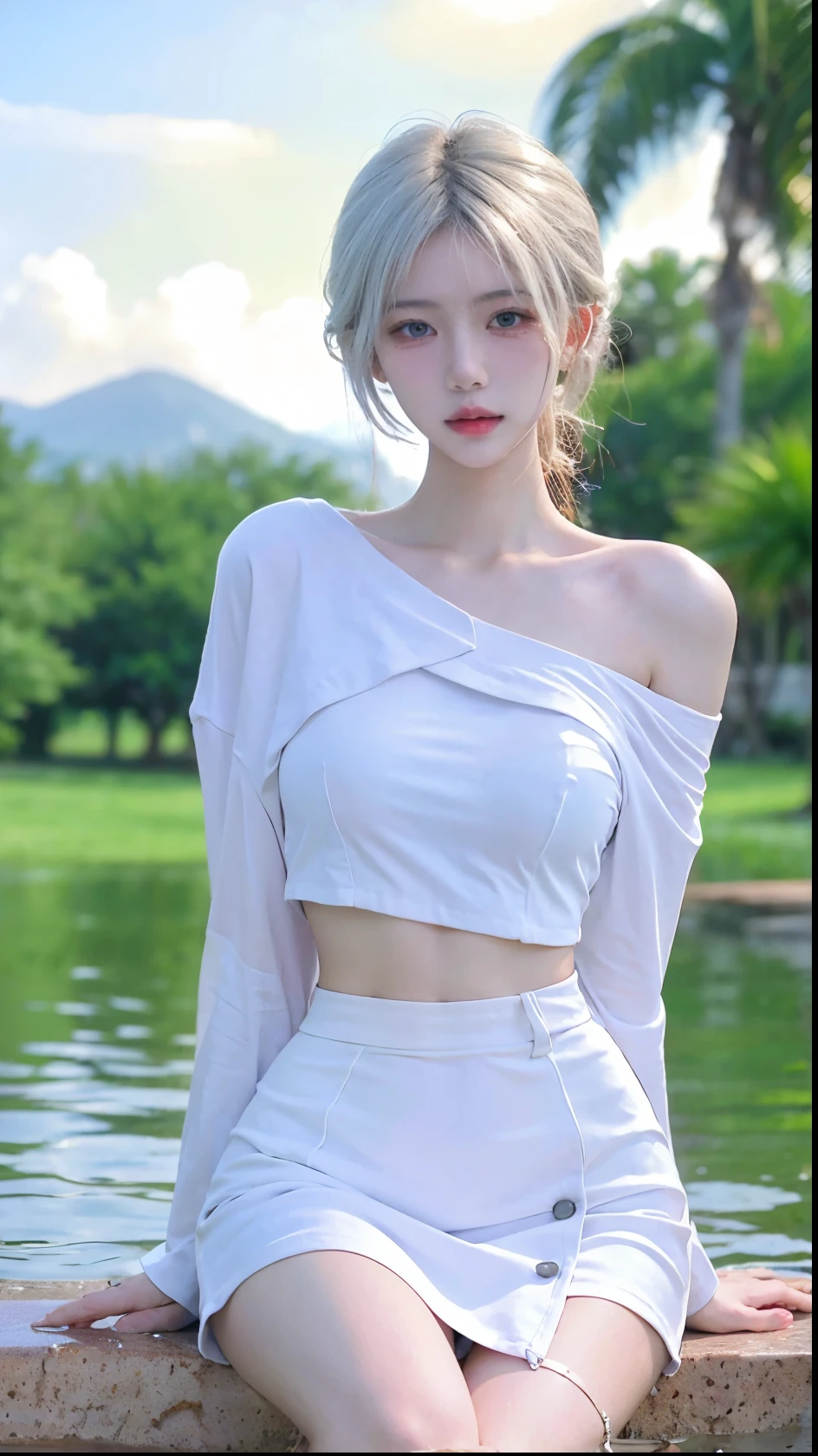 Beautiful woman with perfect figure:1.4,Swimming background,Desert Background,Ultra-high resolution,Seductive laughter,wear glasses,White legs,(lifelike:1.4),Layered Hairstyle,White skin,Black mini pleated skirt,whole body,Very delicate face and skin texture,Double eyelids,Skin Whitening,Long hair,White hair,White,