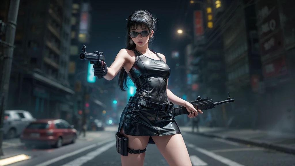 8k, Realistic Skin Texture, Realistic Photo, Neo Tokyo, slim Japanese women, large-breast:1.3 cleavage, AD2050 at night, Dirty hunting jacket, Wearing tube top, miniskirt, (((black sunglasses, automatic rifle, sneakers, cold, shooting pose, low angle view))), Innovative composition, revenge, cyberpunk, blade runner worldview, Large neon sign, Geisha hologram sign, Strong Wakamoto Sign.