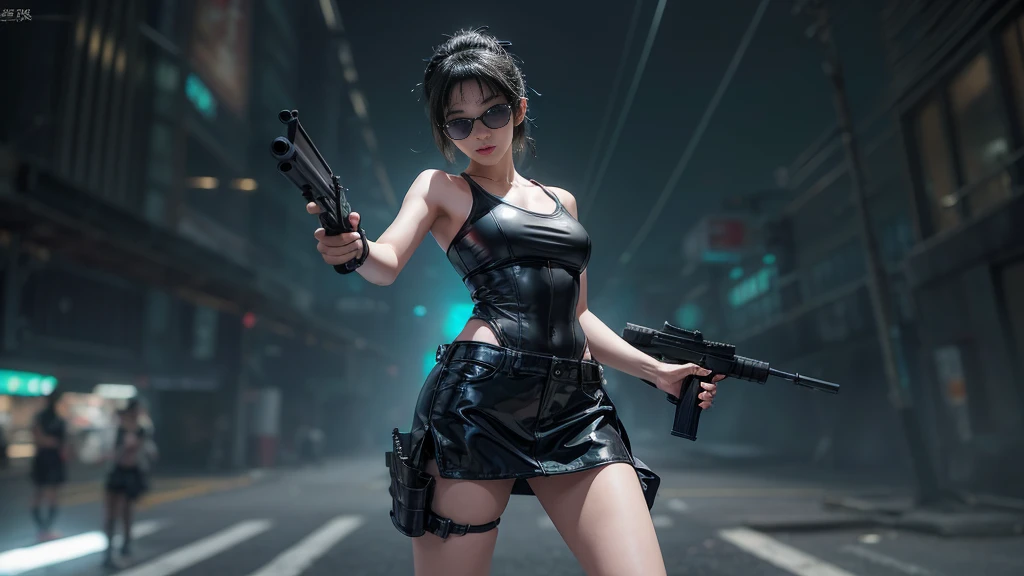 8k, Realistic Skin Texture, Realistic Photo, Neo Tokyo, slim Japanese women, large-breast:1.3 cleavage, AD2050 at night, Dirty hunting jacket, Wearing tube top, miniskirt, (((black sunglasses, automatic rifle, sneakers, cold, shooting pose, low angle view))), Innovative composition, revenge, cyberpunk, blade runner worldview, Large neon sign, Geisha hologram sign, Strong Wakamoto Sign.