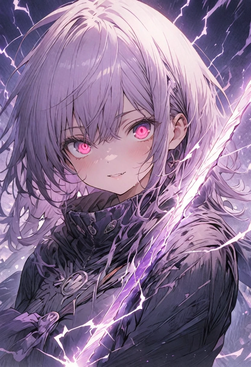 masterpiece, best quality, extremely detailed CG unity 8k wallpaper, A purple sword wrapped in lightning. It is very precisely made. An illustration of a cool girl holding an incredibly precise, high-definition, sharp, glowing sword. He is looking at you with big eyes and sharp eyes. wearing . The sword is tinged with a purple light and gives off a sense of evil. A three-dimensional illustration that gives you a sense of depth.