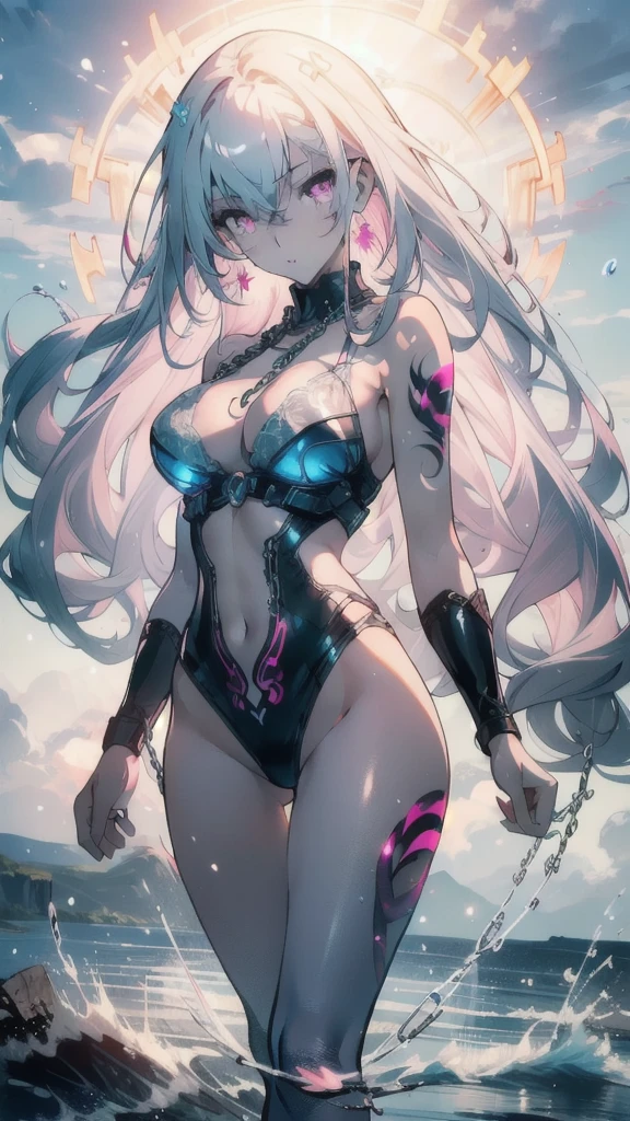 ((masterpiece, best quality)), Epic battlefield atmosphere，Delicate face，Succubus，whole body，Standing picture，glowing pink eyes，Large Breasts，Gradient white long wavy hair，Perfect body proportions，Pure white background，firefly，Water Ripples，Lace，Transparent sex bikini，，Tattoo，chain