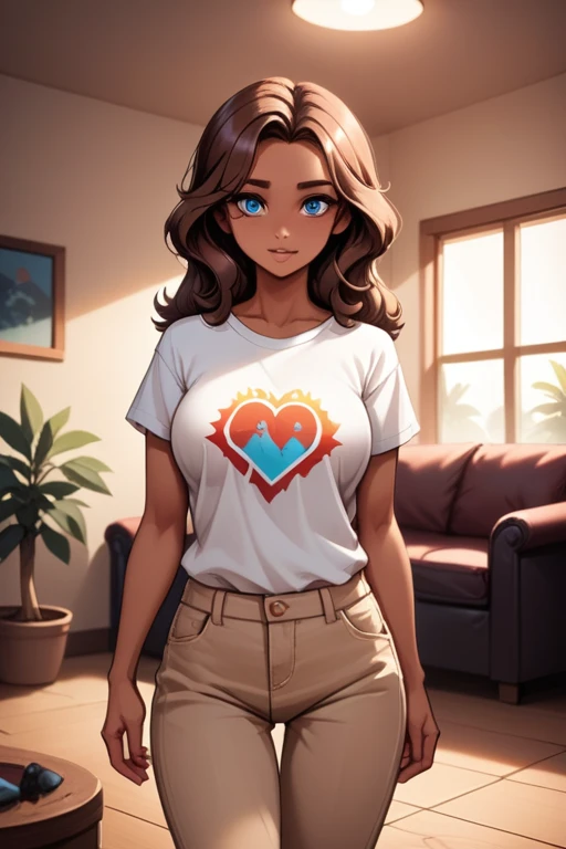 young woman; shoulder-length wavy brown hair; blue eyes; girl-next-door; soft features; beautiful; large breasts; casual clothing; white t-shirt with 3/4 sleeves; form-fitting tan trousers; in a living room; saucy pose; best quality; trending on artstation; complex volumetric lighting; warm incandescent; strong shadows; artistic lighting; dynamic; energetic vibe; subsurface scattering; specular highlights; micro-textures;