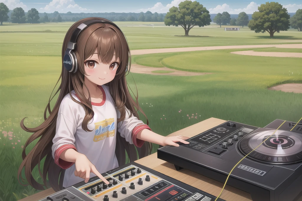 One girl, alone, 20-year-old, Brown eyes, Brown Hair, Long, beautiful wavy hair, smile, Nice casual clothes, grassland, headphone, Detailed DJ equipment, djing, masterpiece, Fine Fingers, 最high quality:1.4, high quality, detailed,