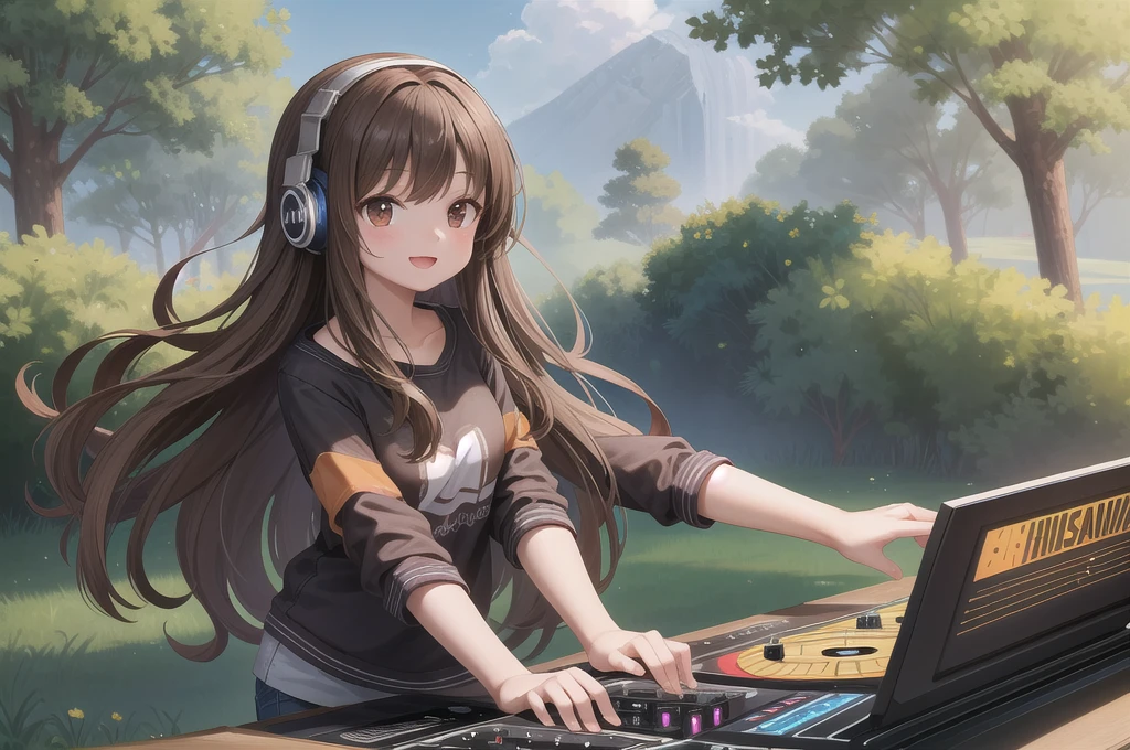 One girl, alone, 20-year-old, Brown eyes, Brown Hair, Long, beautiful wavy hair, smile, Nice casual clothes, grassland, headphone, Detailed DJ equipment, djing, masterpiece, Fine Fingers, 最high quality:1.4, high quality, detailed,