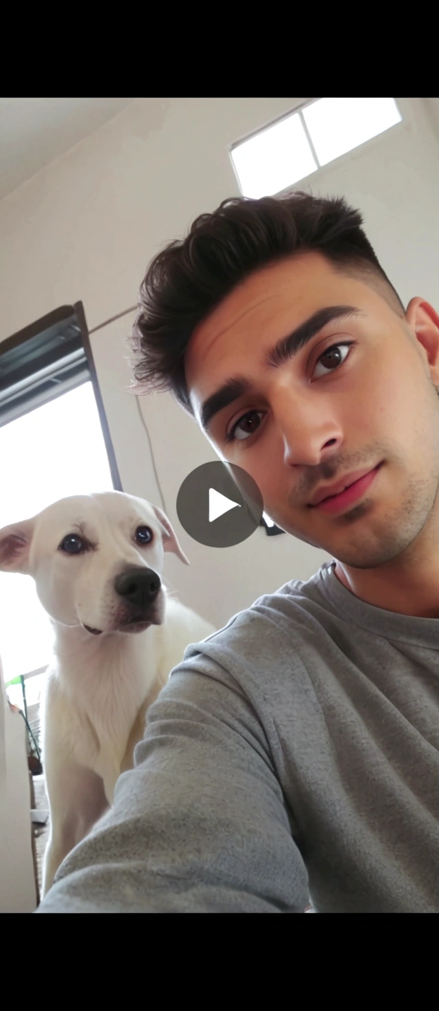 Arafed man taking a selfie with a dog in a room., with his hyperactive dog, tik tok videos, dog selfie, cute furry needs your help, borja, screenshot of youtube video, low quality video, H3H3, with beautiful loving eyes, oooh, beautiful face and beautiful face, beautiful face, is looking at the camera