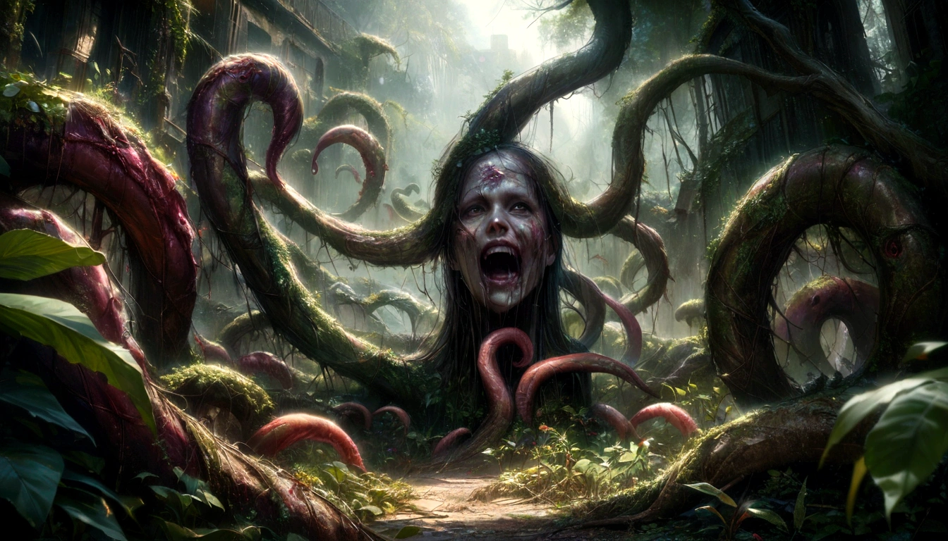 zombies, a post-apocalyptic garden, plant tentacles binding zombies, highly detailed, dark fantasy, cinematic lighting, dramatic composition, hyper-realistic, 8k, intricate details, lush vegetation, twisted roots, shambling undead, gnarled branches, vivid colors, photorealistic, masterpiece
