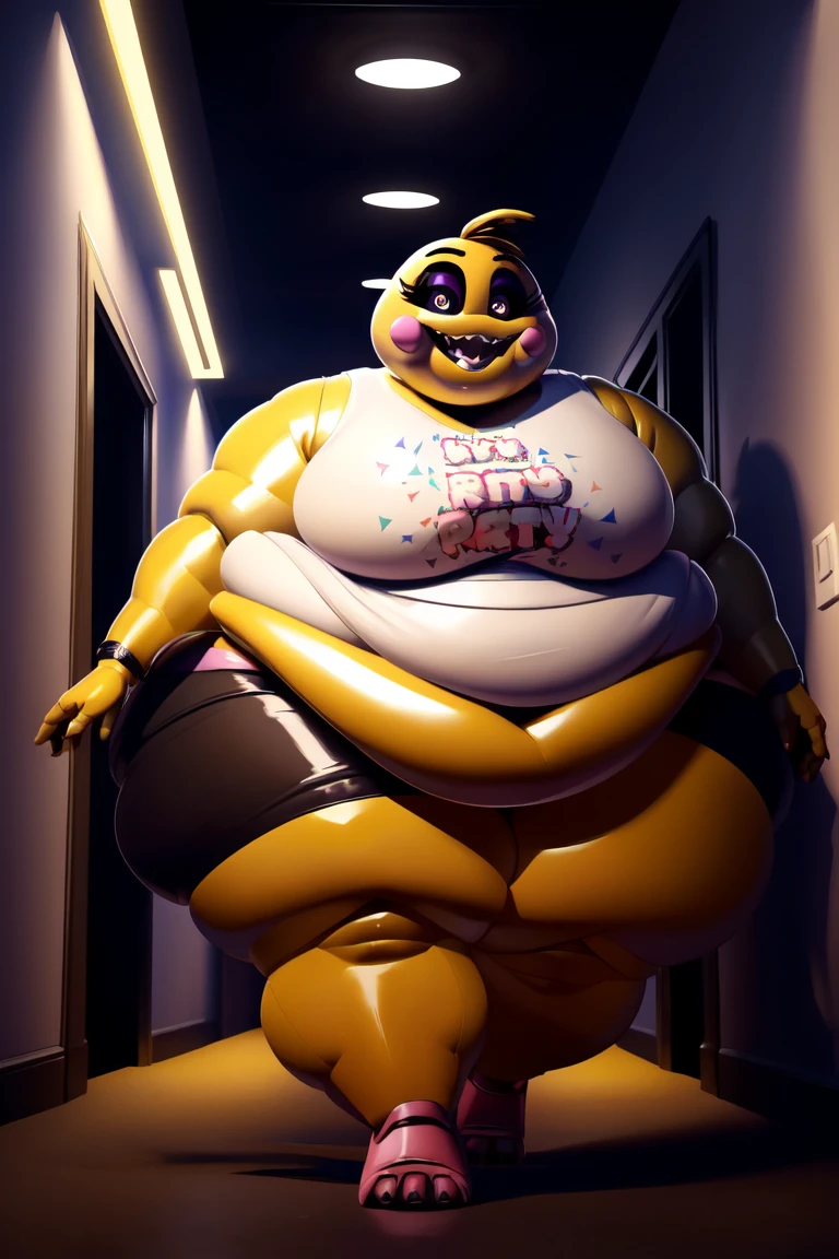 Chica from Five Nights at Freddy's, ((insanely big thighs)), ((fat rolls)), ((gigantic hips)), massive lower body, (thighs several times wider than body), thighs occupy lower half of frame, ((massive thighs)), ((ssbbw)), ((obese)), ((morbidly obese)), plain pink panties, grin, party room background, scary, ominous lighting, (((butt))), ((((widest possible thighs)))), (((booty))), ((butt towards viewer))