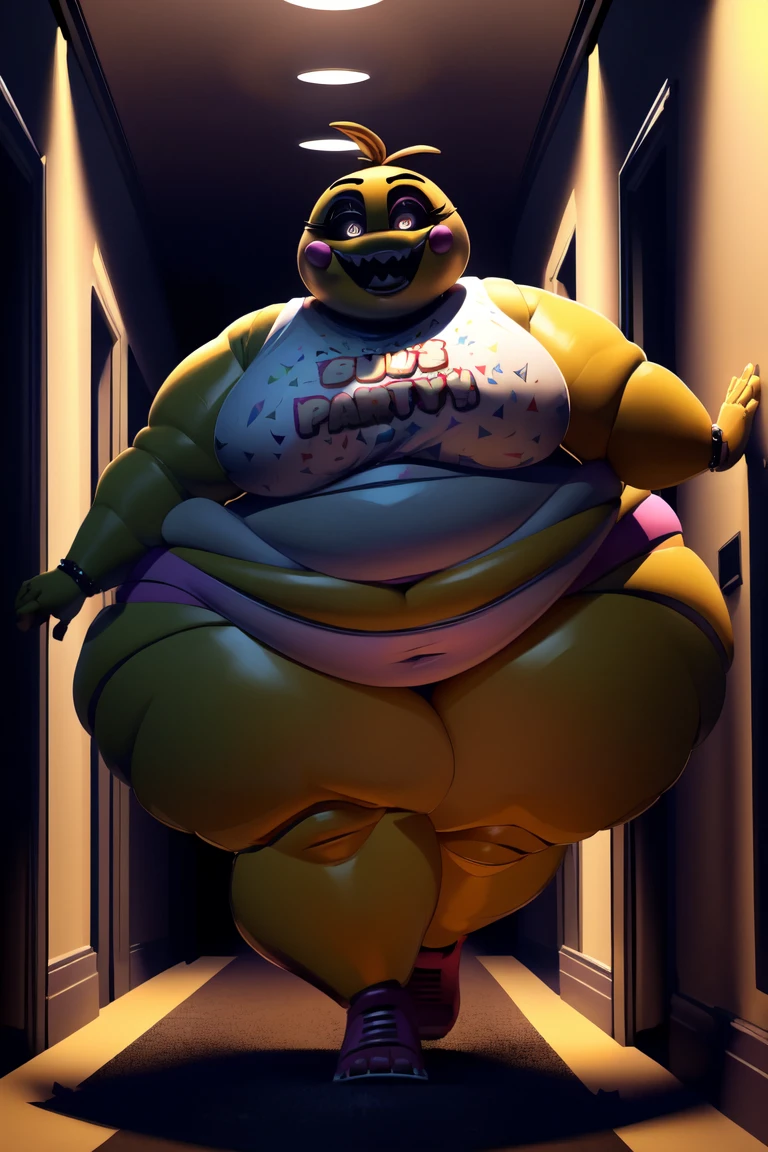 Chica from Five Nights at Freddy's, ((insanely big thighs)), ((fat rolls)), ((gigantic hips)), massive lower body, (thighs several times wider than body), thighs occupy lower half of frame, ((massive thighs)), ((ssbbw)), ((obese)), ((morbidly obese)), plain pink panties, ((running down hallway towards viewer)), grin, party room background, scary, ominous lighting,