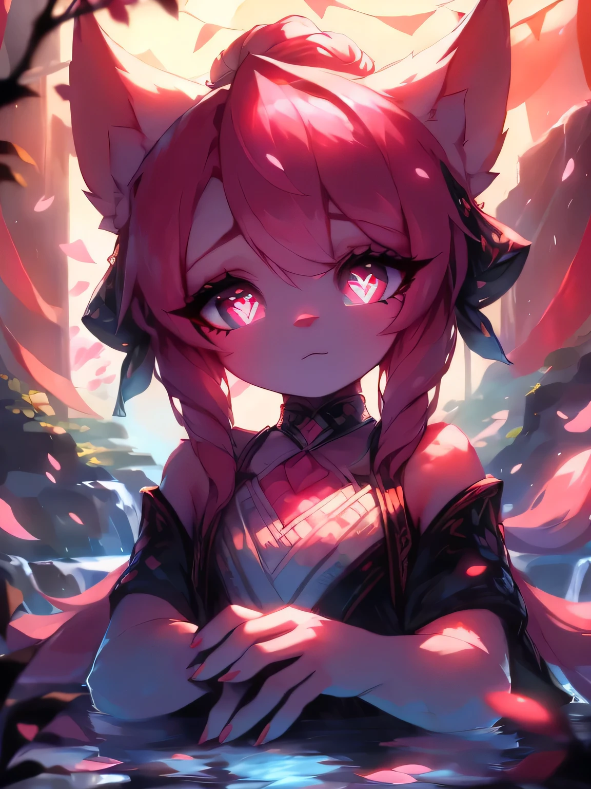 ((((A Beautiful, True-to-Life, Ultra High-Resolution Image)))), 1girl, serene, sitting, (long, pink hair with cherry blossoms interwoven), ((fair skin, rosy cheeks)), ((bright, sparkling eyes, aquamarine irises)), ((glowing_eyes)), (((ultra detailed eyes:0.8, beautiful and detailed face, detailed eyes:0.9))), ((close up)), (indoor, near a water fountain), medium breasts, looking at her hands, ((long lashes)), ((perfect fingers and refined hands)), (((head:1, shoulders, chest in view, hands visible))), ((holding a branch with cherry blossoms)), gentle eyes, beautiful lighting, indoor, ((defined subject)), 24 years old, ((thoughtful expression)), (((soothing, gentle, serene)))