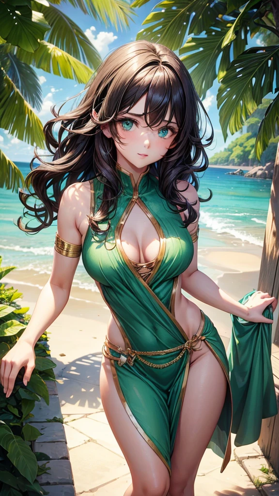 Beauty, feminine male. Cute male with medium length, dark, wavy hair. Bright green eyes. Patite, short, curvy body.