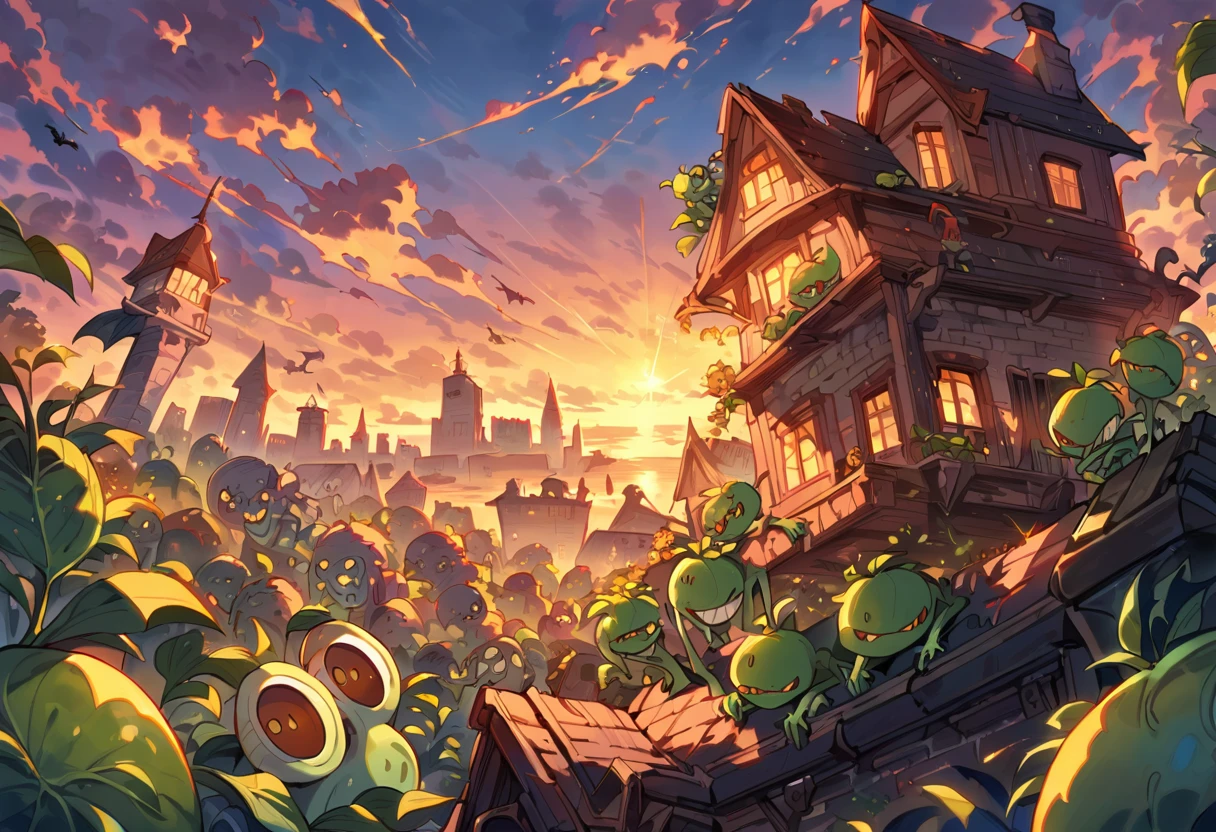 Plants vs. Zombies, A scene where Sunflower, Peashooter, and Cherry Bomb fight an army of zombies in the garden on a sunny day. Colorful and bright colors decorate the garden, and the texture of plant leaves, torn zombie costumes, and cherry bomb explosion effects are detailed. Includes cabbages from Cabbage Porto flying through the air ,((Masterpiece)), ((Best Quality)), (Very Detailed), ((Very Detailed)), 4K, (8K), very aesthetic, absurdres highres,