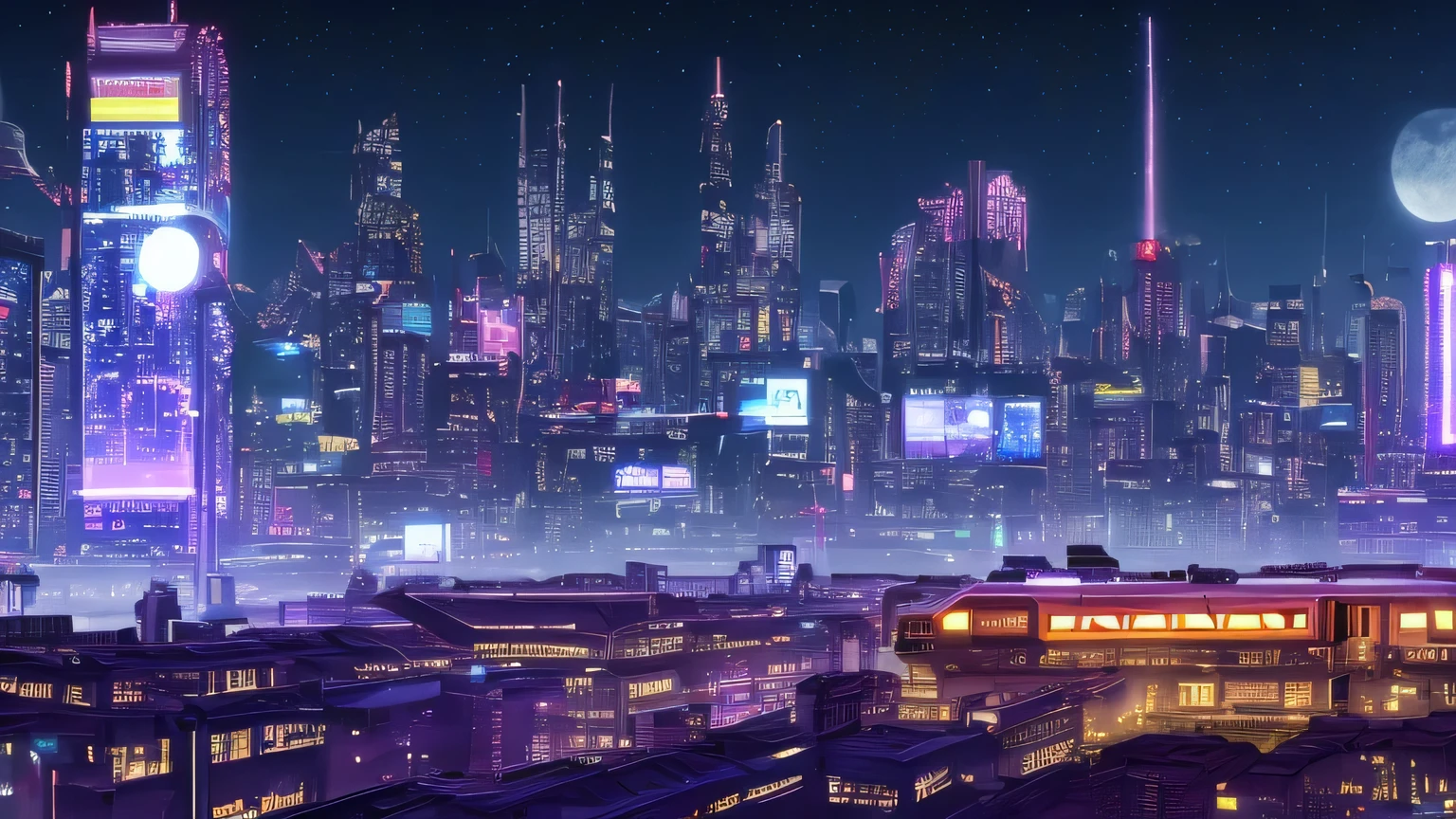 a futuristic punk city with a lot of buildings and neon lights, a train crossing the city with neon lights, the moon is in the sky and there are a lot of stars and constelations