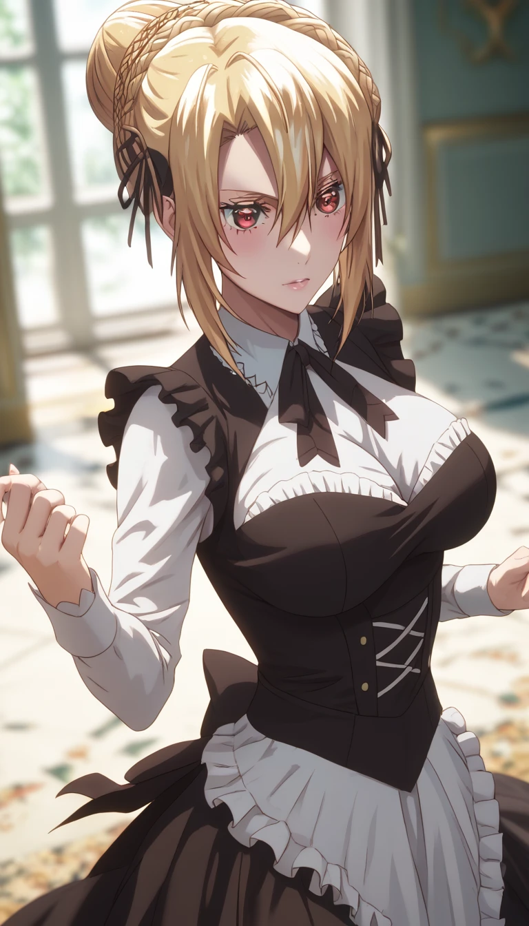 score_9, score_8_up, score_7_up, score_6_up, uncensored, angelica, blonde hair, Crown Braid, hair bun, red eyes, BREAK (masterpiece:1.2), best quality, high resolution,(detailed eyes:1.3), perfect lighting,(perfect hands, perfect ???????), large breasts, miniskirt, pantyhose, dynamic pose