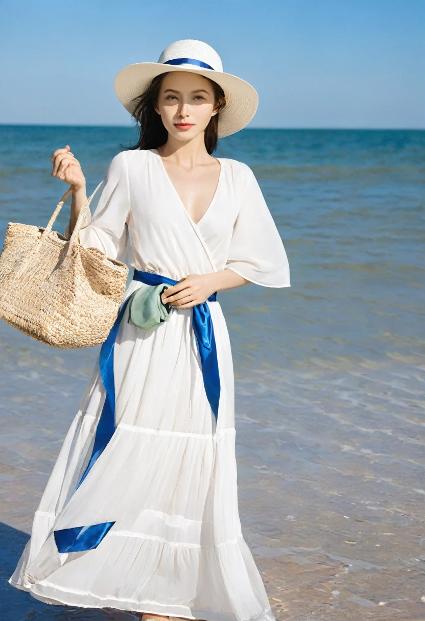 ocean, Beach, strong sunlight, 1 woman, White dress, white hat with blue ribbon, bag in hand,