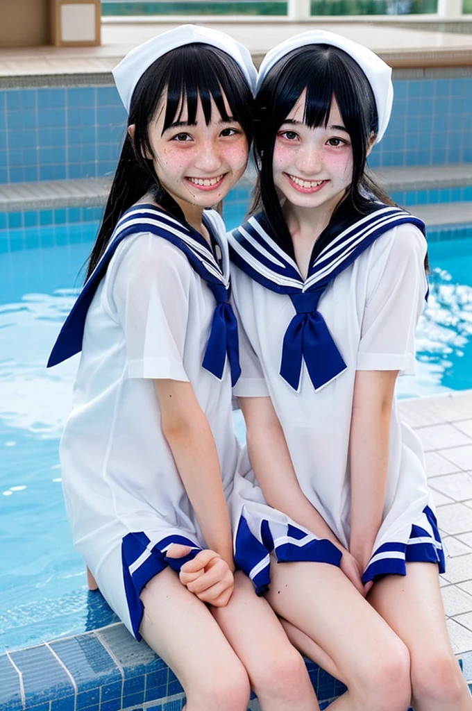 Japanese、junior High School girls、2 person、、Sailor Mercury and Sailor Moon, A cosplay that is wet and slightly transparent、Wet hair、 Wet arms、Wet legs、Wet Face、smile、pose、Highest quality, wet poolside