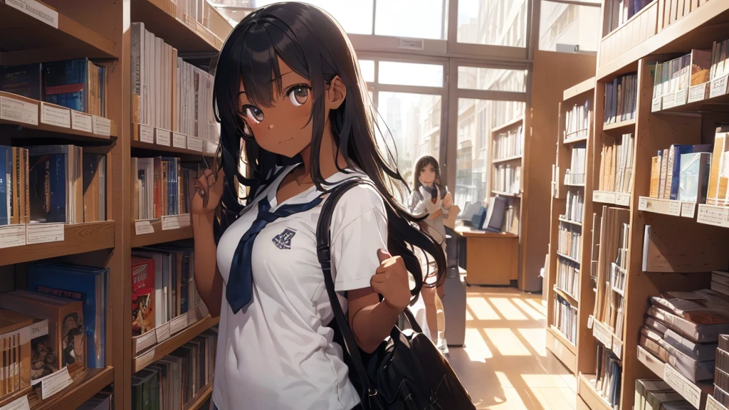 best god quality, Ultra-detailed, perfect Anatomy, standing up straight, (Draw a tomboy excitedly inside a college library), 1girl, is a excited beautiful tan girl, tomboy aesthetic, dark skin girl, tanline skin, (dark skin*2), (long black + wavy hair*1.2), (school girl outfit*1.2), Full limbs, complete fingers, groin, Beautiful hazel eyes, well-proportioned tan tomboy, smug eyes, student clothing, in a library, High resolution, Best lighting by professional AI, college library, studying students, looking at viewer, (((One girl in middle))), (((SOLO))), (library in background)