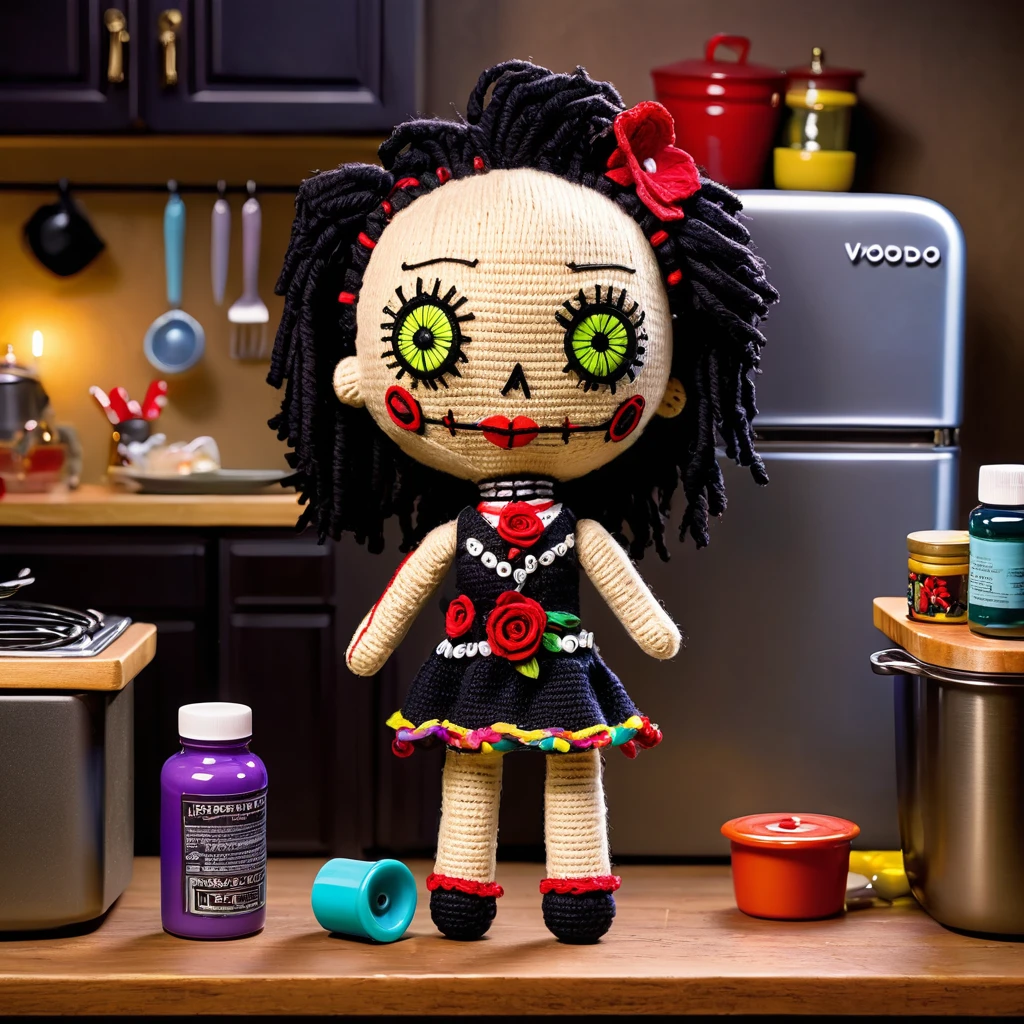 (crocheted voodoo doll:1.8), (voodoo Monica Geller from Friends:1.5), (Clothing: immaculate 90s attire, tailored and clean:1.0), (Accessories: enchanted cleaning products:1.1), (Background: immaculate Friends apartment kitchen with pots and pans, glowing fridge magnets, and a sense of organized perfection:1.2), best quality, masterpiece, detailed soft oil painting, detailed background, dramatic cinematic lighting, soft edge lighting, professional, dramatic lighting, hard edge lighting, ultra quality, 4k,masterpiece, best quality, 8k, ultra highres, highres, extremely detailed