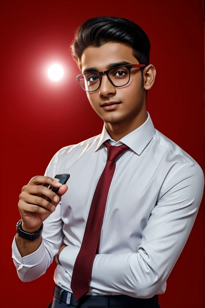 Create a ultra realistic image in which 17 year pakistan boywith fair skin wearing spectacles and narrow body posing for a linkedin picture in formals with red light background and wearing smart watch and picking phone in his one hand amd taking picture in very great pose