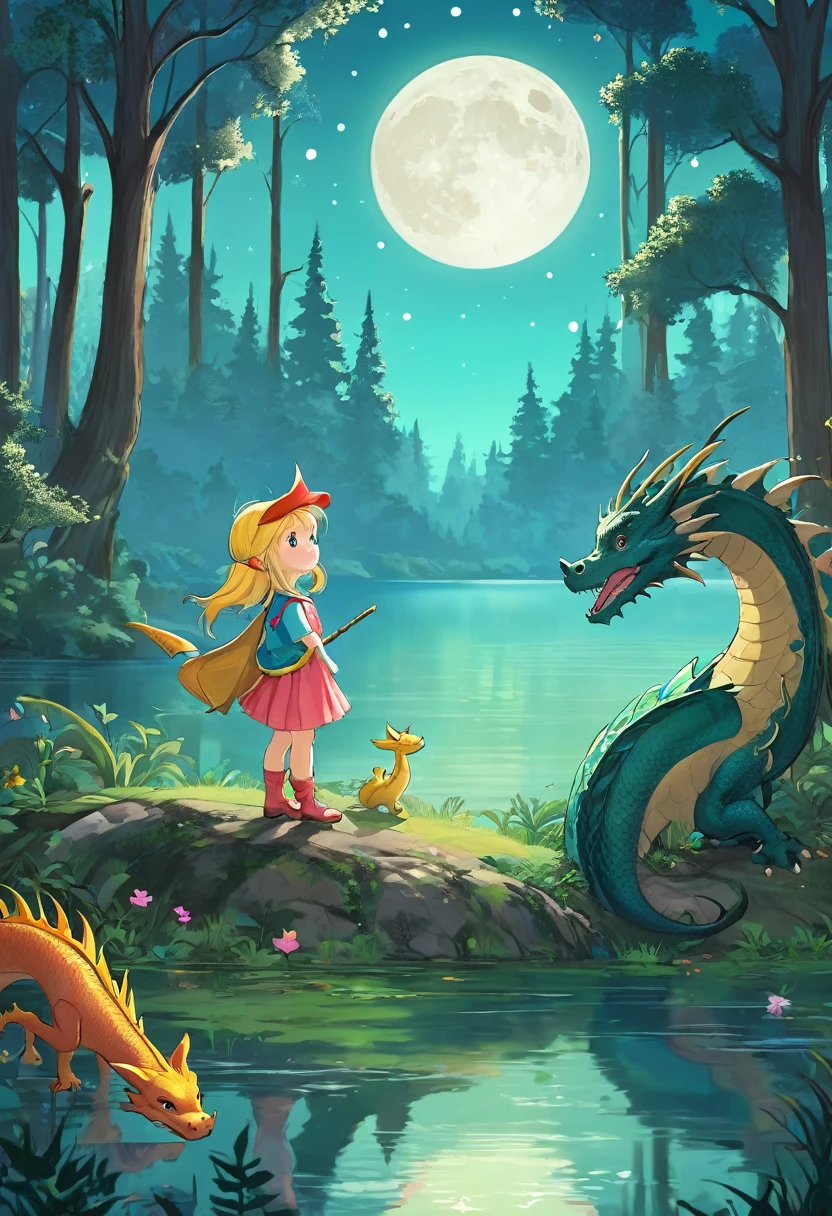 Forest background with large lake, 1 girl about 5 years old, Cute dragon, bright moon