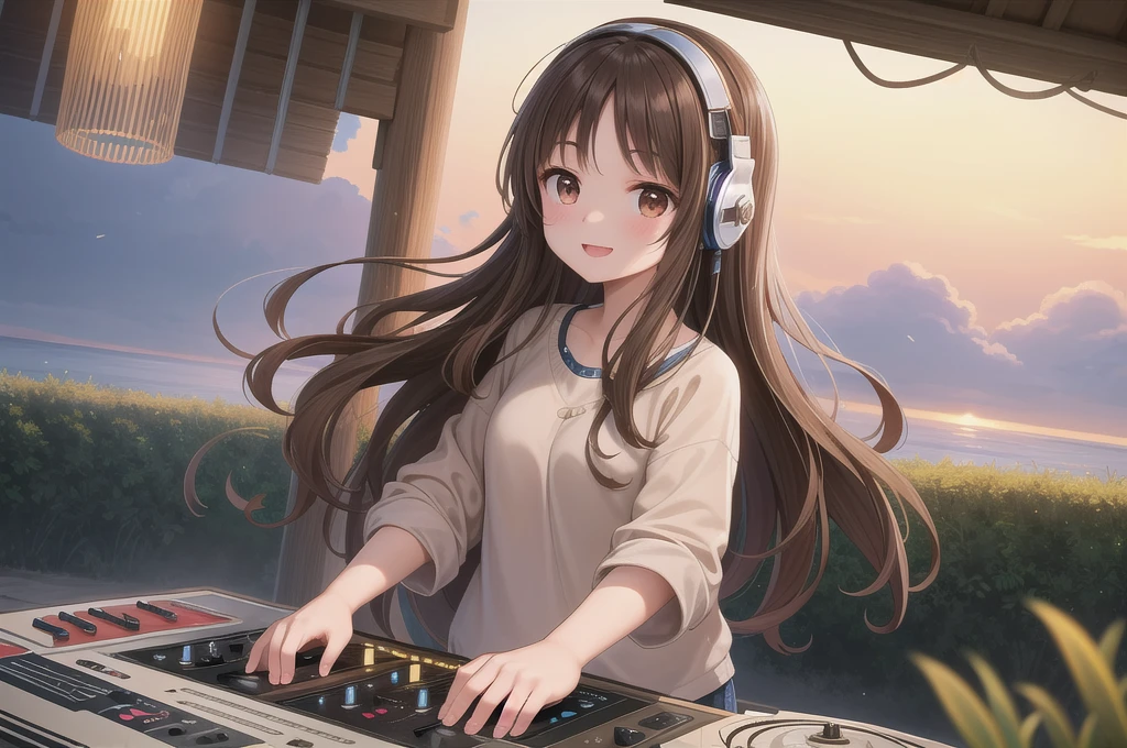 One girl, alone, 20-year-old, Brown eyes, Brown Hair, Long, beautiful wavy hair, smile, Nice casual clothes, grassland, headphone, Detailed DJ equipment, djing, masterpiece, Fine Fingers, 最high quality:1.4, high quality, detailed,