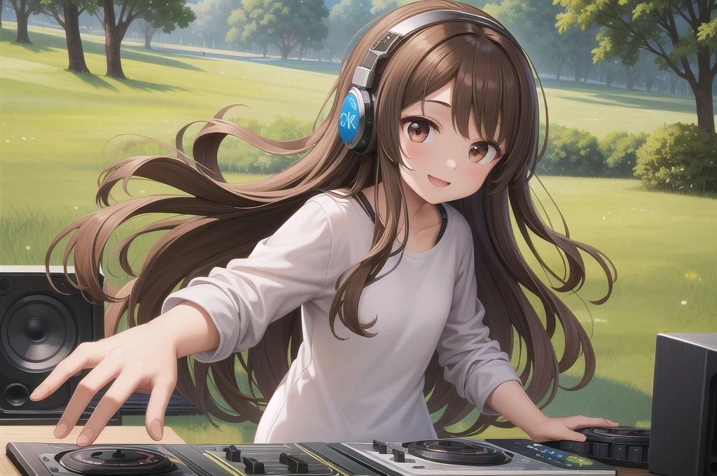 One girl, alone, 20-year-old, Brown eyes, Brown Hair, Long, beautiful wavy hair, smile, Nice casual clothes, grassland, headphone, Detailed DJ equipment, djing, masterpiece, Fine Fingers, 最high quality:1.4, high quality, detailed,