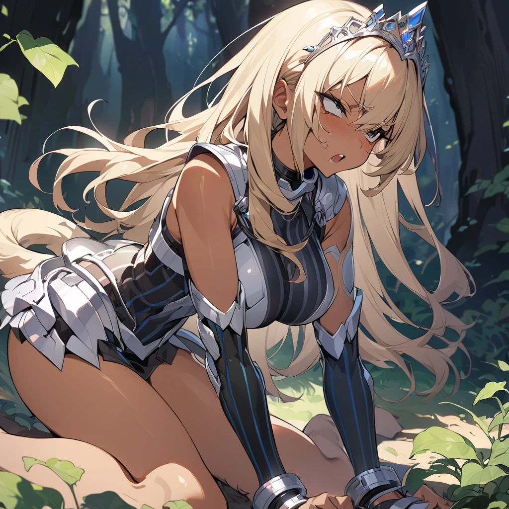 (anime style),masterpiece, best quality, extremely detailed,20Years old,tanned skin,dark skin, Beautiful body,large breasts press,BREAK,multicolored colorful blonde hair,shaggy hair,long hair,long ducktail hair,BREAK,black eyes,black choker,dignified face,disgust,angry face,open mouth,detailed lips,,BREAK,with vertical stripes sweater,tiara,ripped Princess knight light armor,micro skirt,break,head tilt,in the woods,hands on legs,wariza,ivy clinging to the body,arching back,shackles and cords,
