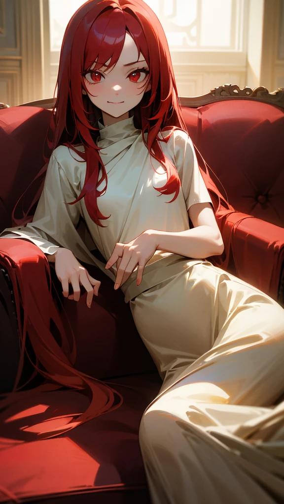 (masterpiece), best quality, expressive eyes, perfect face, red hair, long hair, sitting on a couch at night in the living room, on the dim light living room, looking at the viewer across the living room smiling seductively with a hint of anger, red eyes shinning through the dim light room, the small light shinning through the living room