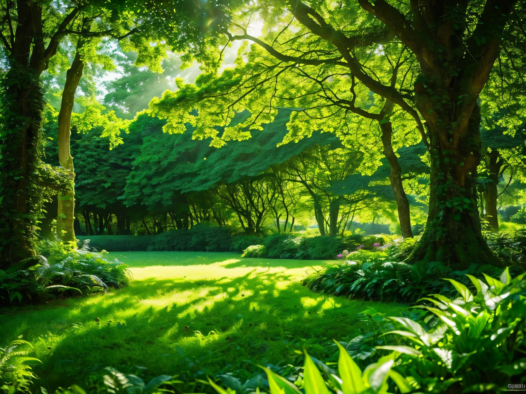a lush green forest, beautiful detailed nature scenery, dense foliage, sunlight filtering through the leaves, intricate leaf textures, vibrant green hues, photorealistic, masterpiece, 8k, hyperdetailed, cinematic lighting, dramatic shadows, serene and peaceful atmosphere
