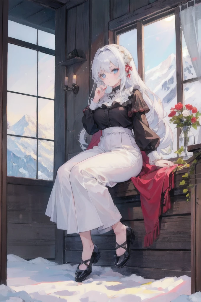 (1girl:1.6), full body, Ankle-length trousers and a blouse, BREAK, A charming, sunlit Swiss chalet with snow-covered mountains in the background, cute animals,, (masterpiece, top quality, best quality, official art, beautiful and aesthetic:1.3), extreme detailed,highest detailed,(ultra-detailed),((an extremely delicate and beautiful))