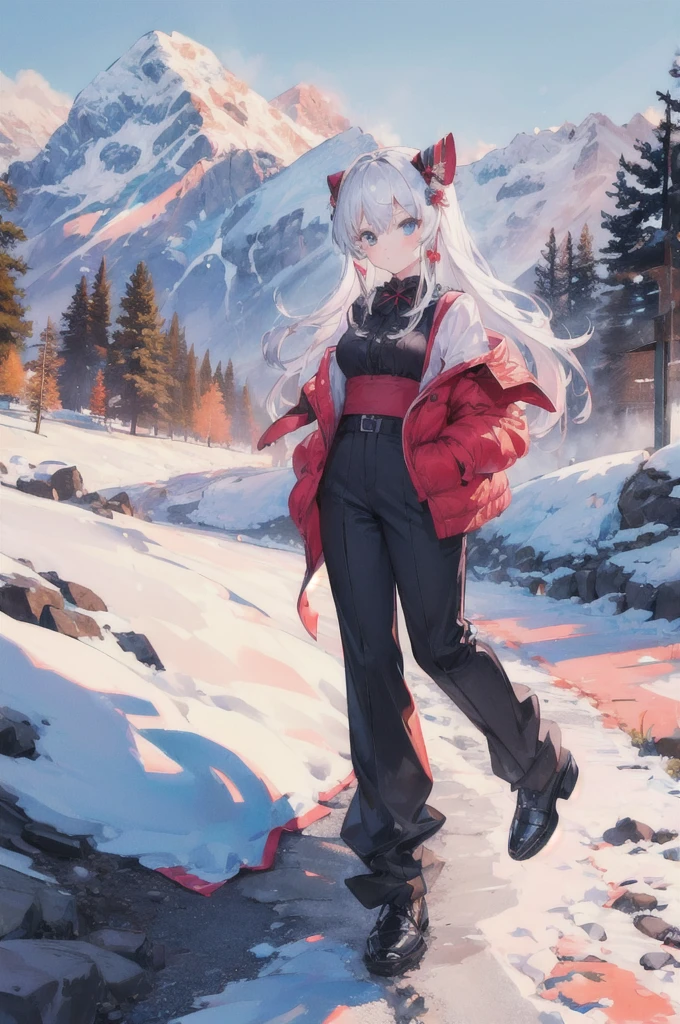 (1girl:1.6), full body, Ankle-length trousers and a blouse, BREAK, A charming, sunlit Swiss chalet with snow-covered mountains in the background, cute animals,, (masterpiece, top quality, best quality, official art, beautiful and aesthetic:1.3), extreme detailed,highest detailed,(ultra-detailed),((an extremely delicate and beautiful))