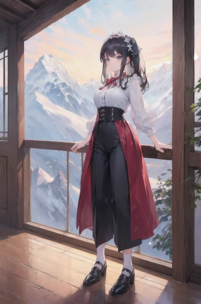 (1girl:1.6), full body, Ankle-length trousers and a blouse, BREAK, A charming, sunlit Swiss chalet with snow-covered mountains in the background, cute animals,, (masterpiece, top quality, best quality, official art, beautiful and aesthetic:1.3), extreme detailed,highest detailed,(ultra-detailed),((an extremely delicate and beautiful))