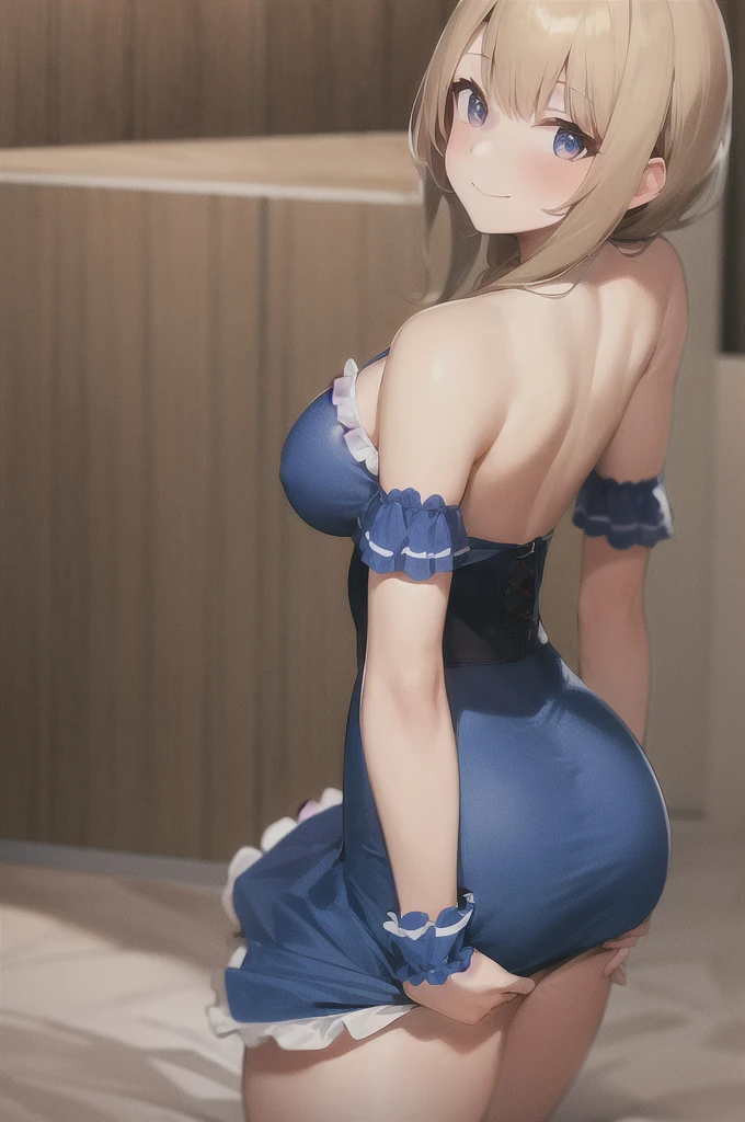 (masterpiece, best quality), 1girl, (solo), looking at viewer,
light smile, closed mouth,
haremfantasy-monica, large breasts,
sleeveless dress, collarbone, blue dress, white arm warmers, frills, corset,
gymgirl, from behind, looking back