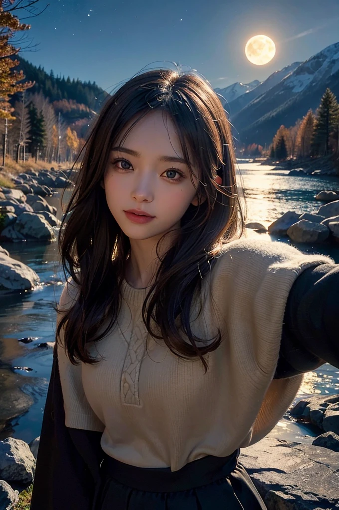 Veronica Cypher ((Upper body selfie, Happy)), masterpiece, Highest quality, Super detailed, alone, Outdoor, (night), Mountain, nature, (star, moon) Hilarious, Happy, Gloves, sweater, Have, flashlight, forest, rock, river, wood, cigarette, Shadow, Contrast, sunny, Analog Style (View the viewer:1.2) (Skin Texture) (Film Grain: 1.3), (Warm colors, Warm tones): 1.2), close, Cinematic Light, Side light, Ultra-high resolution, Best Shadow, born, Wearing a pullover, Kodak Vision 3,