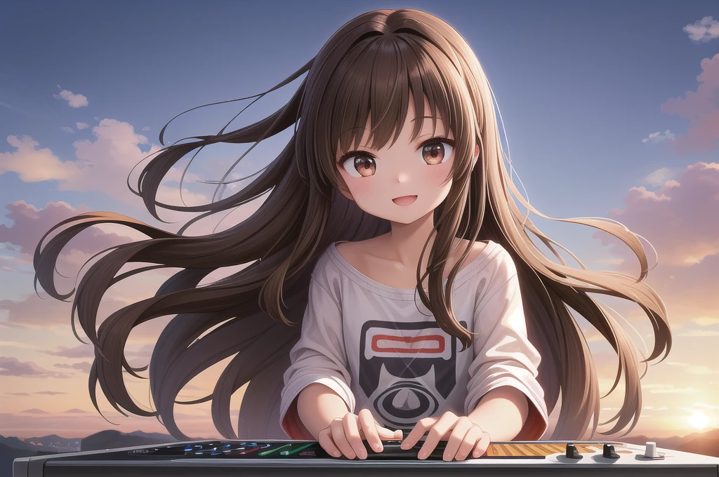 One girl, alone, 20-year-old, Brown eyes, Brown Hair, Long, beautiful wavy hair, smile, Nice casual clothes, grassland, headphone, Detailed DJ equipment, djing, Beautiful rainbow, masterpiece, Fine Fingers, 最high quality:1.4, high quality, detailed,