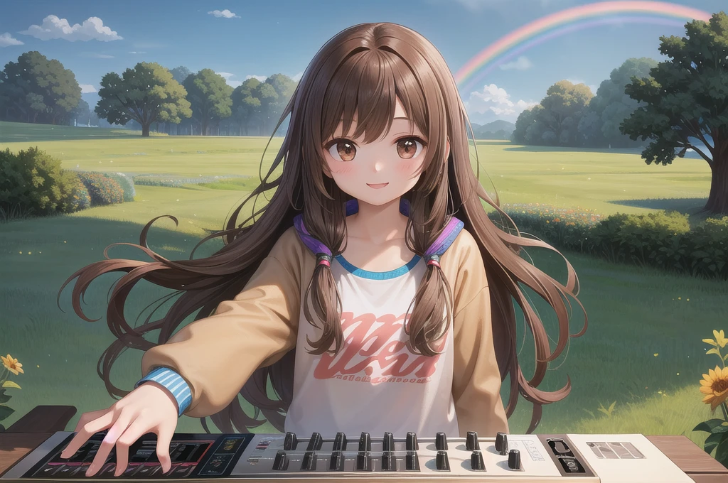 One girl, alone, 20-year-old, Brown eyes, Brown Hair, Long, beautiful wavy hair, smile, Nice casual clothes, grassland, headphone, Detailed DJ equipment, djing, Beautiful rainbow, masterpiece, Fine Fingers, 最high quality:1.4, high quality, detailed,